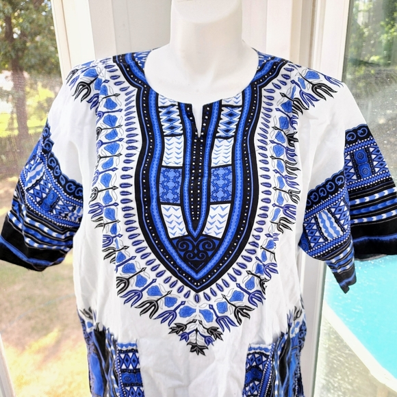 Blue & White Traditional Print Short Sleeve Cotton Dashiki Tunic Shirt Unisex - Picture 3 of 15
